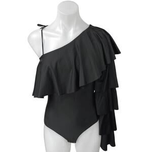 Monki Womens Black One Shoulder Ruffle Long Sleeve Bodysuit Blouse Top Size 1